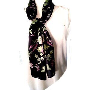 VINTAGE BLACK SCARF WITH WHITE/LAVENDAR FLOWERS AND GREEN LEAVES